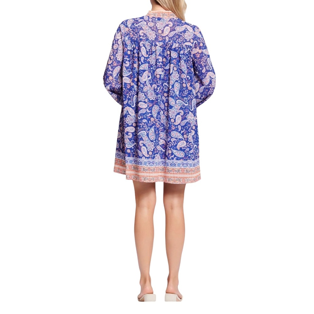 Lost + Wander Blue Paisley Tie-Neck Mini Dress Long Bell Sleeve – Size Small - Picture 4 of 12